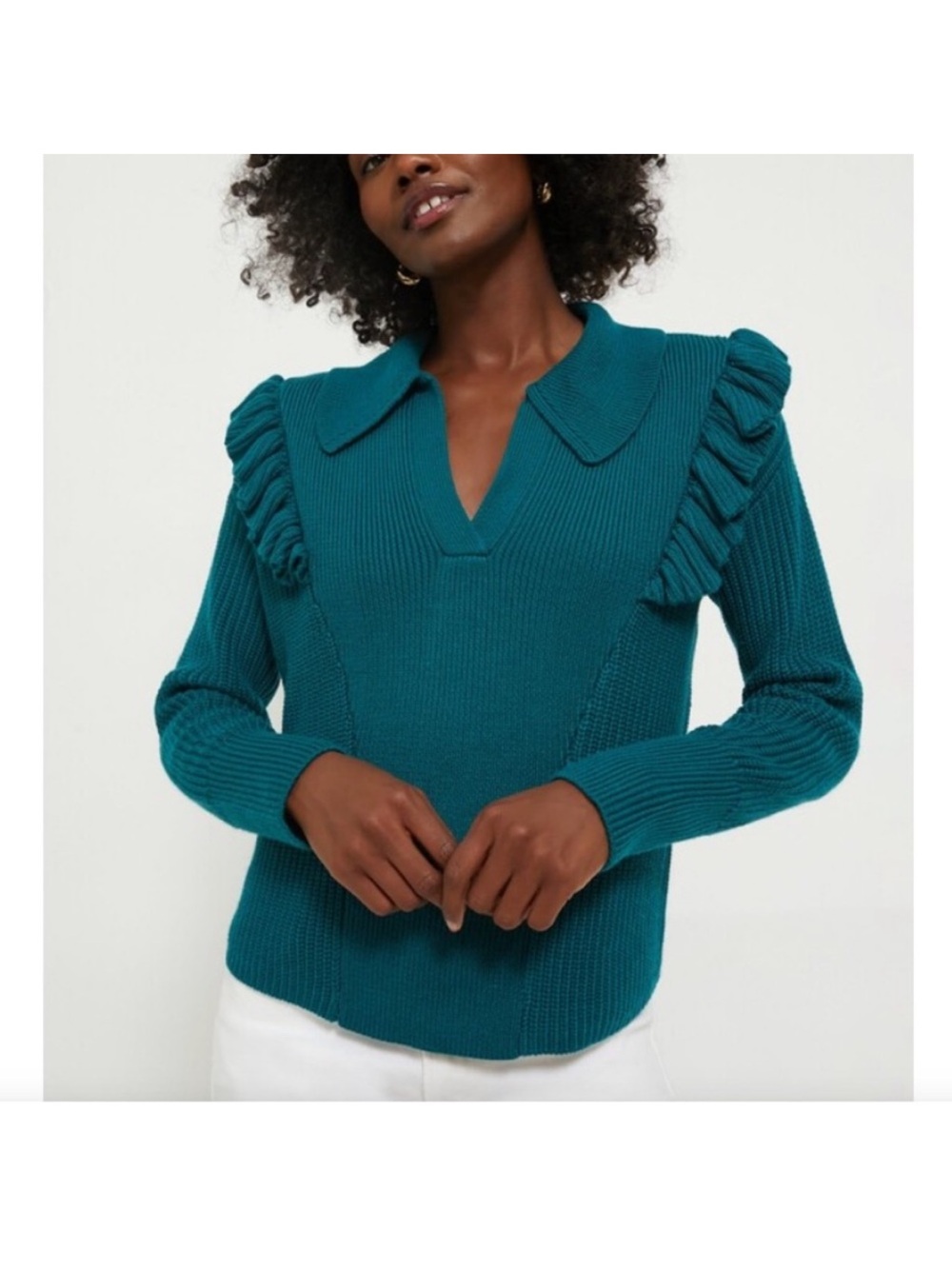 NEW Tuckernuck Hyacinth House Teal Ruffle Casey Collared V-Neck Sweater Size XS